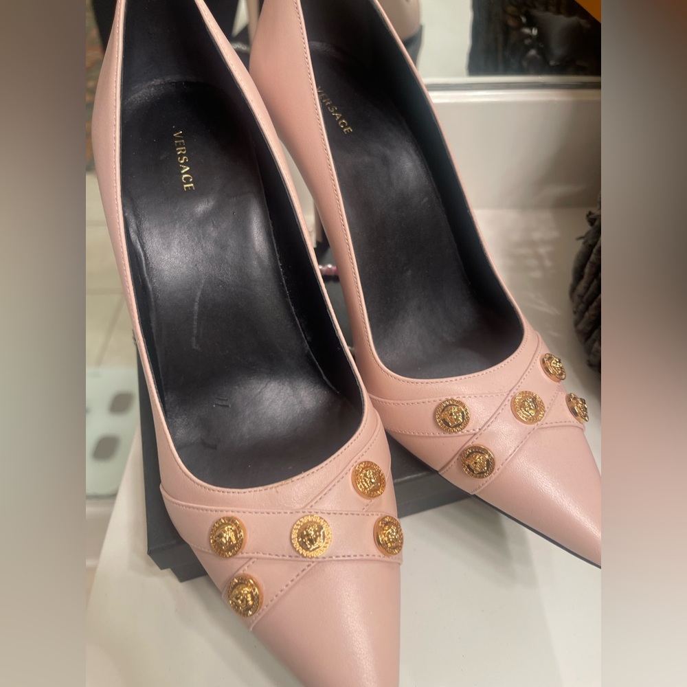 Versace Blush Pink Leather Pointed Pumps with Gold Medallions